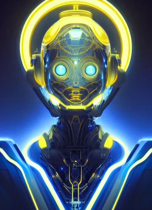 Prompt: symmetry!! portrait of robot, sci - fi, tech wear, blue and yellow glowing lights!! intricate, elegant, highly detailed, digital painting, artstation, concept art, smooth, sharp focus, illustration, art by artgerm and greg rutkowski and alphonse mucha