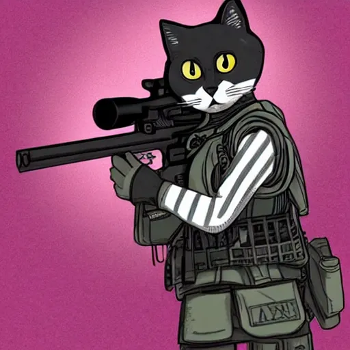 Prompt: cute grey cat with white stripes play apex legends, shooting gun, japanese comic style, pink background