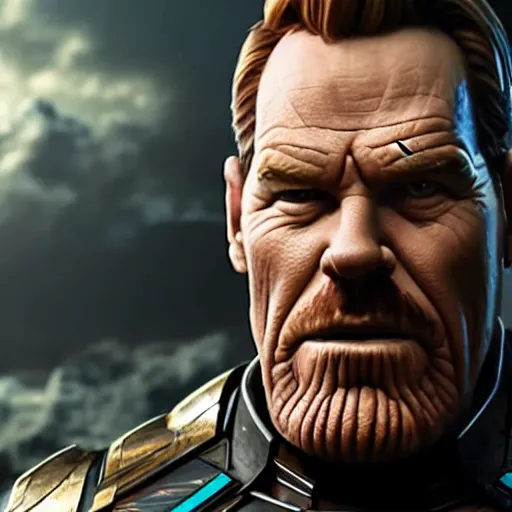 Image similar to Bryan Cranston as Thanos, HD promotional screenshot from new Avengers film, 8k ultra realistic, Marvel animation