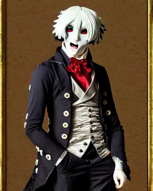 Image similar to tokyo ghoul monster ken kaneki character wearing a beautiful 1 8 th century suit with a tie, rococo style, francois boucher style, highly detailed, very realistic, painterly style