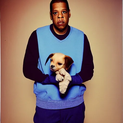 Image similar to JAY Z holding a puppy for a 1990s sitcom tv show, Studio Photograph, portrait C 12.0