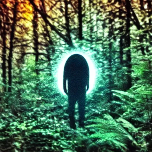 Image similar to grainy surveillance photo still of an alien in the woods at night hiding in the trees of a forest