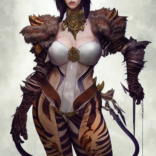 Image similar to portrait of young cool slim tigress tiger beast-girl catgirl tabaxi wearing leather armor by Yoshitaka Amano and artgerm and greg rutkowski and alphonse mucha and andrei riabovitchev and Rossdraws and Bluesssatan and Mandy Jurgens and Stjepan Sejic