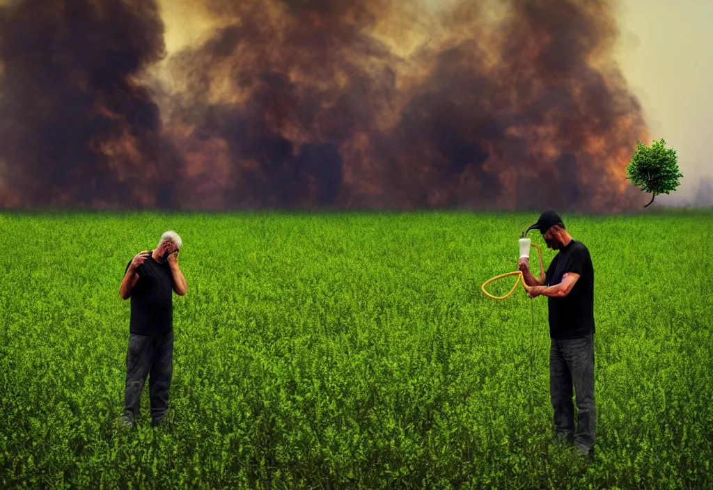 Image similar to a man watering the last plant on earth as the world burns, green leaves, apocalyptic background, smoke, doomsday art