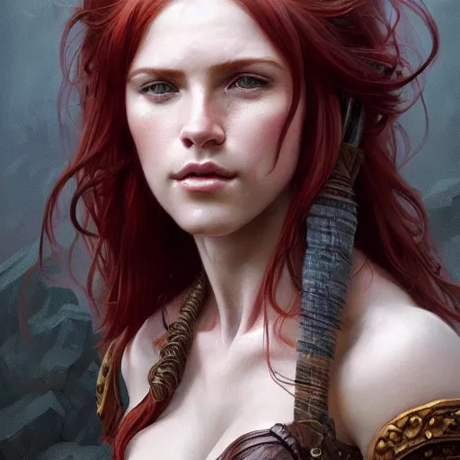 Image similar to portrait of a young ruggedly handsome buxom but joyful barbarian, female, feminine, upper body, red hair, long hair, d & d, fantasy, seductive smirk, intricate, elegant, highly detailed, digital painting, artstation, concept art, matte, sharp focus, illustration, art by artgerm and greg rutkowski and alphonse mucha