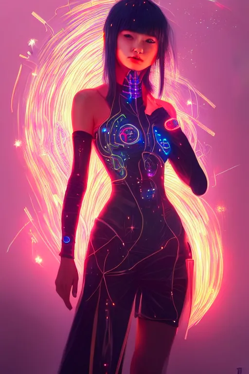 Image similar to portrait futuristic wizard Girl with fire and sparkles, in future cyberpunk tokyo rooftop , ssci-fi, fantasy, intricate, very very beautiful, elegant, human anatomy, human structure, neon light, highly detailed, digital painting, artstation, concept art, smooth, sharp focus, illustration, art by tian zi and WLOP and alphonse mucha