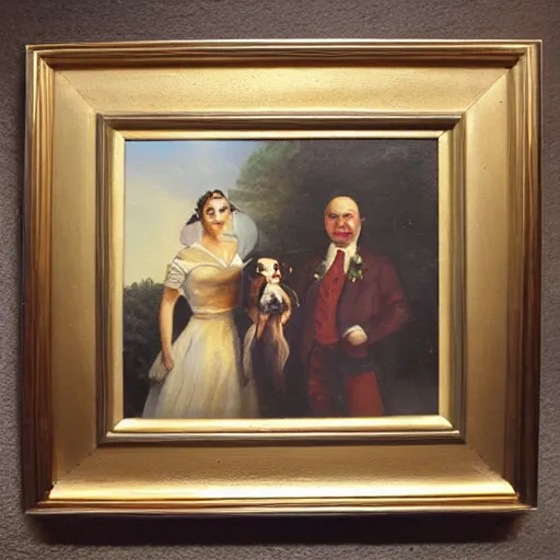 Prompt: a painting of a couple that has just been married, with their little dog beside them on a beautiful sunny day