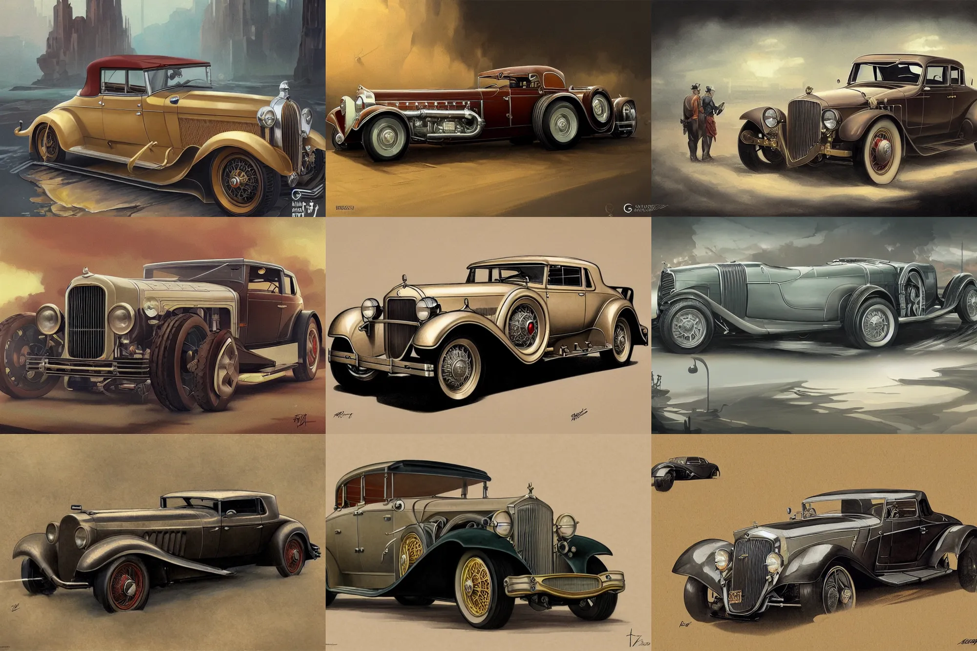 Prompt: luxury antique 1930s muscle car, highly detailed, digital painting, artstation, concept art, sharp focus, illustration, art by artgerm and greg rutkowski and alphonse mucha