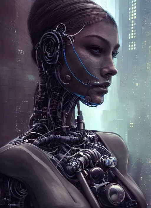 Prompt: Ultra realistic cyberpunk,sci-fi, fantasy,Kodak Portra 400, 8K, soft light, volumetric lighting, highly detailed photo of a beautiful cyborg robot woman in a street of a post apocalyptic new york + face,night, fog , intricate, elegant, highly detailed, digital painting, artstation, concept art, smooth, sharp focus, illustration,art by artgerm and greg rutkowski and alphonse mucha , sigma art 85mm F1.8