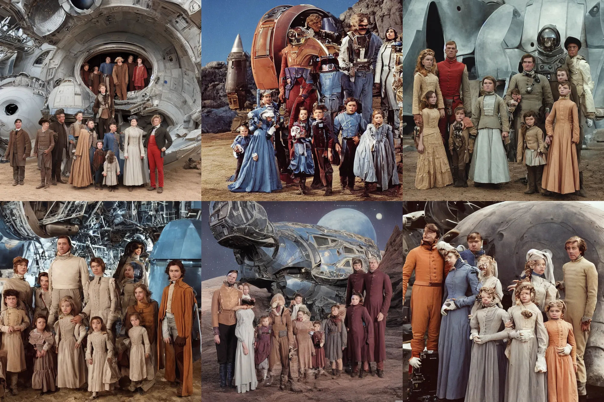 Prompt: highly detailed, 513435456k film, 536600mm film still from a sci fi blockbuster color movie made in 2019, set in 1860, of a family standing in front of a spaceship that has just landed on an alien planet, the family are all wearing 1860s era clothes, good lighting, good photography, ultra high definition