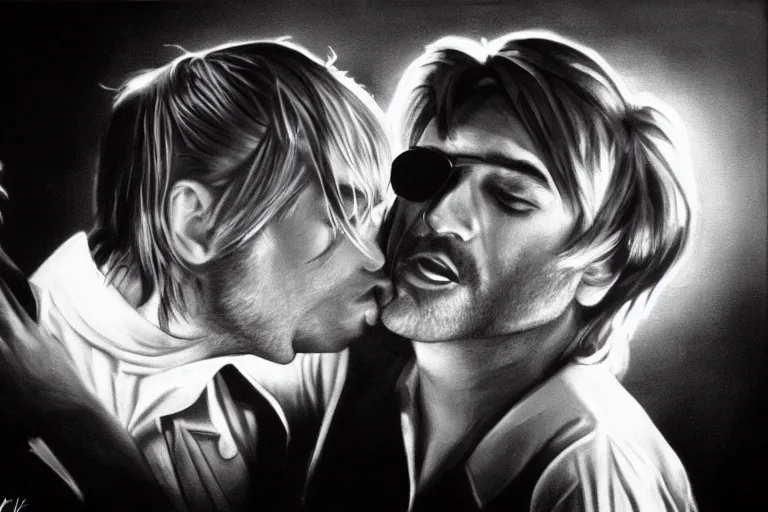 Prompt: Cinematography of kurt cobain kissing Elvis by Emmanuek Lubensky
