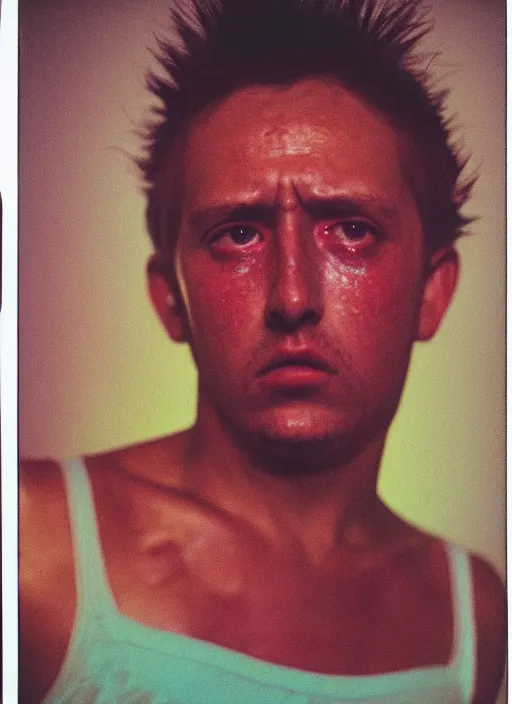 Prompt: detailed color analog medium format photo made by harmony korine, polaroid closeup photo of weird person getting smashed in face, rim light, shot with a camera flash, high production value, intricate details, hyperrealistic, photorealistic, high definition, award - winning photography, masterpiece