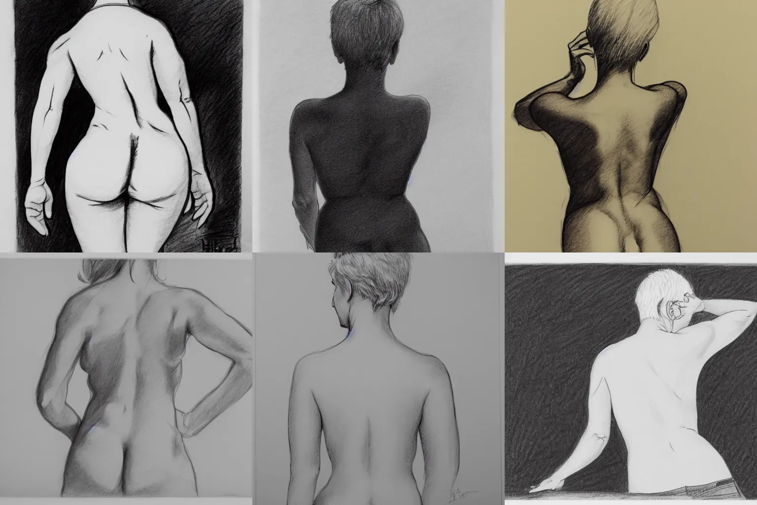 Prompt: the lower back of an attractive woman with short white hair. pencil drawing by hugo pratt