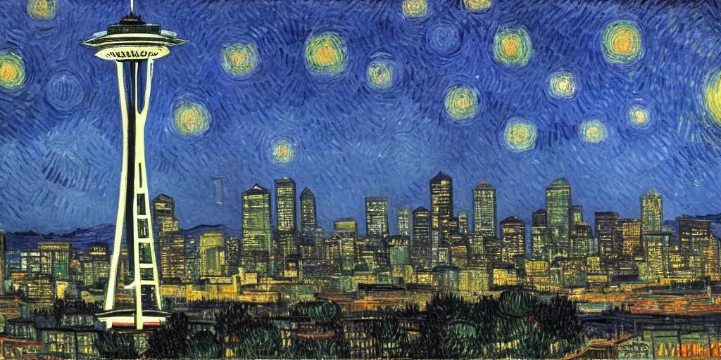 Image similar to downtown Seattle at night, with Space Needle, by VanGogh, detailed