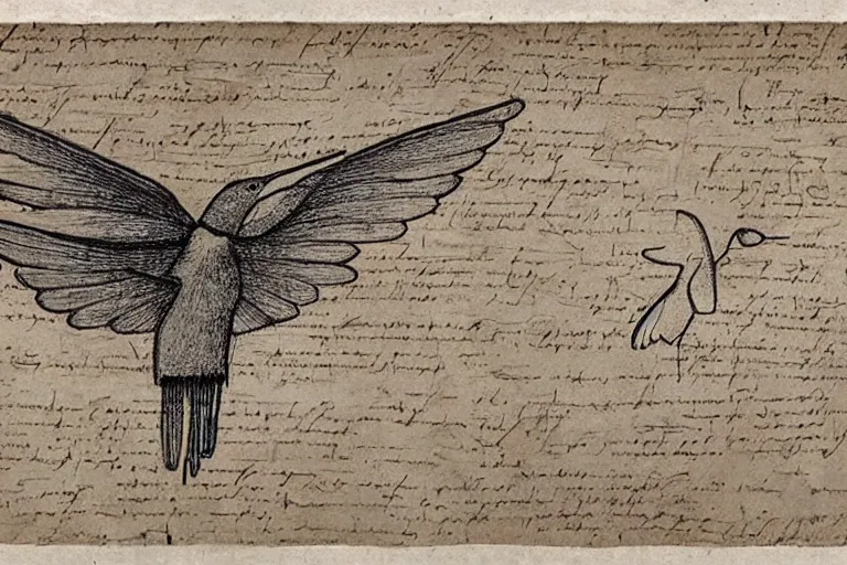 Prompt: Hummingbird mechanics papyrus, Da Vinci Drawing