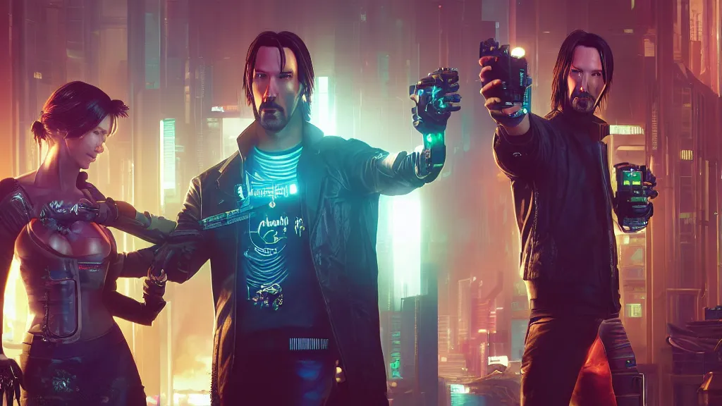 Image similar to a cyberpunk 2077 srcreenshot couple portrait of a Keanu Reeves holding a female androids,love,film lighting,by Laurie Greasley,Lawrence Alma-Tadema,Dan Mumford,John Wick,Speed,Replicas,artstation,deviantart,FAN ART,full of color,Digital painting,face enhance,highly detailed,8K,octane,golden ratio,cinematic lighting