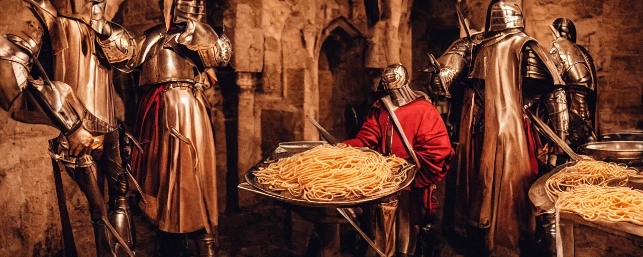 Prompt: knights protecting a giant mound of spaghetti, in a medieval castle, canon 5 0 mm, super detailed face, facial expression, cinematic lighting, photography, retro, film, kodachrome