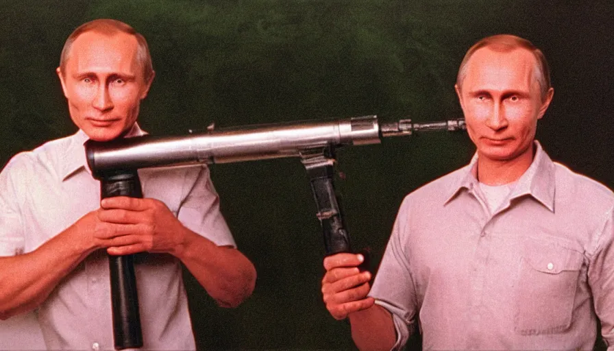 Image similar to 7 0 s movie still of putin in teleshopping show, proudly holding a bazooka. cinestill 8 0 0 t _ 3 5 mm eastmancolor, heavy grain, high quality, high detail