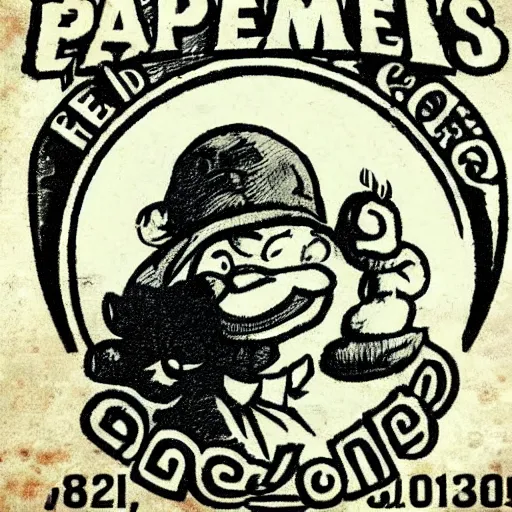 Prompt: dream logo for cannabis company, Popeye smoking cannabis, old, dates, worn, faded