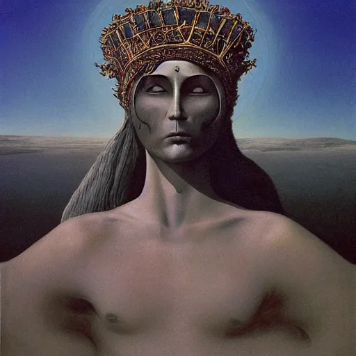 Prompt: Artemixel, the modern reincarnation of the old selenium god of hunt and moon, also known as Artemis or Selene, carrying the crown of the crescent moon. They are crowned by a bright and slightly bluish crescent like the brightness of the night. Portrait by Zdzislaw Beksinski and Jeffrey Smith, oil on canvas.