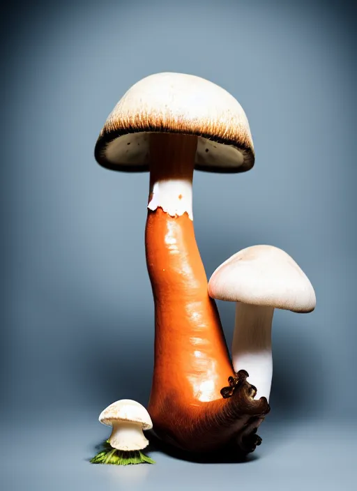 Image similar to studio portrait still of cute creature sitting next to a mushroom, 8 k, studio lighting, key light,