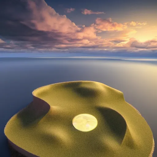 Prompt: floating island landscape over an ocean, lightly cloudy skies above at sunset, hyper realistic 3D beautiful awe inspiring