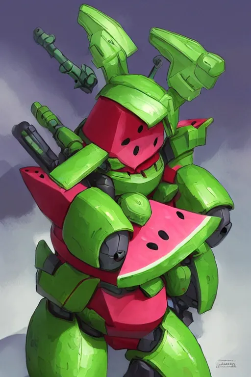 Prompt: cute anthropomorphic watermelon Gundam, Gundam made of watermelon, tiny, small, miniature Gundam, baby watermelon Robot, short, pale blue armor, cute and adorable, pretty, beautiful, DnD character art portrait, matte fantasy painting, cgsociety Artstation, by Jason Felix by Steve Argyle by Tyler Jacobson by Peter Mohrbacher, cinematic lighting