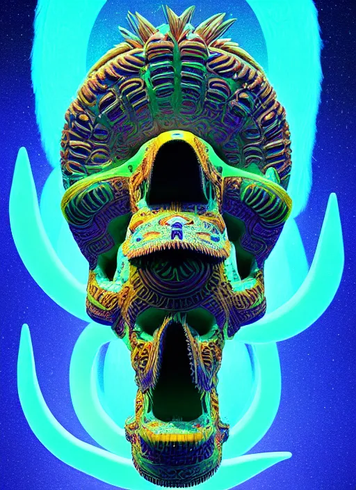 Image similar to 3 d totem portrait, sigma 5 0 0 mm f / 5. global illumination beautiful intricate highly detailed quetzalcoatl skull and feathers. bioluminescent, plasma, lava, ice, water, wind, creature, thunderstorm! artwork by tooth wu and wlop and beeple and greg rutkowski, 8 k trending on artstation,