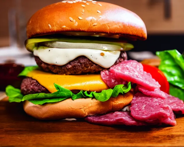 Prompt: dslr food photograph of burger with raw meat, 8 5 mm f 1. 4