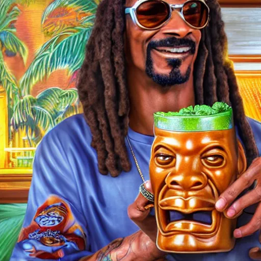 Image similar to a closeup photorealistic photograph of happy snoop dogg at trader vic's bar holding a tiki mug that features the face of snoop dogg. brightly lit scene. this 4 k hd image is trending on artstation, featured on behance, well - rendered, extra crisp, features intricate detail, epic composition and the style of unreal engine.