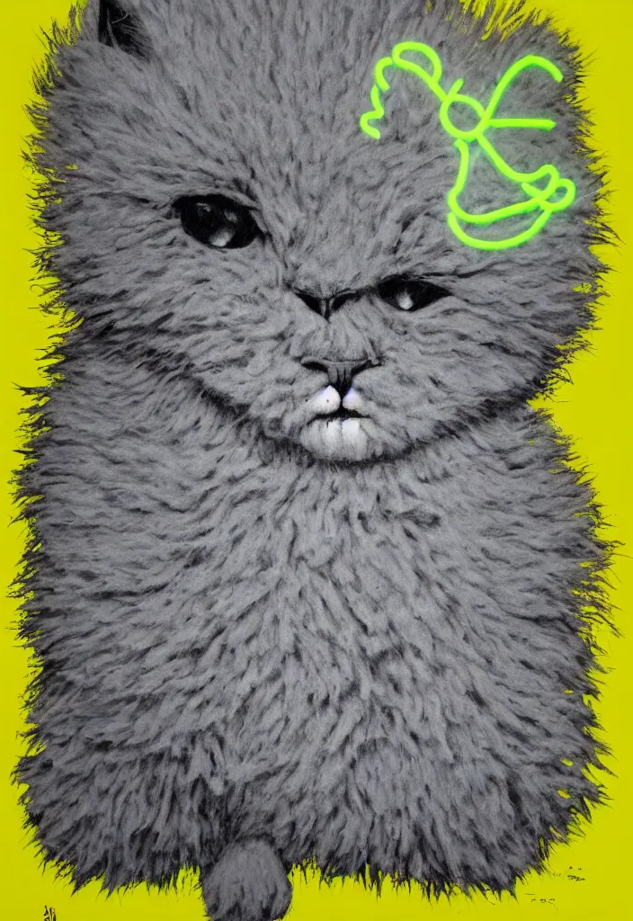 Image similar to fluffy cat with an afro comb t - shirt design, by jules julien, kaws, dark grisaille monochrome neon spraypaint, ironic surrealism, hypebeast