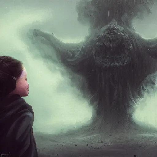 Image similar to abstract painting of giant Greta Thunberg smiling evil emperor of the world emerging in dark clouds, noxious, cosmic horror, evil, dangerous, trending on ArtStation, masterpiece, by Greg Rutkowski, by Ross Tran, by Fenghua Zhong, octane, lightbeam eyes, soft render, clear facial features, oil on canvas, moody lighting, cinematic, professional environment concept art