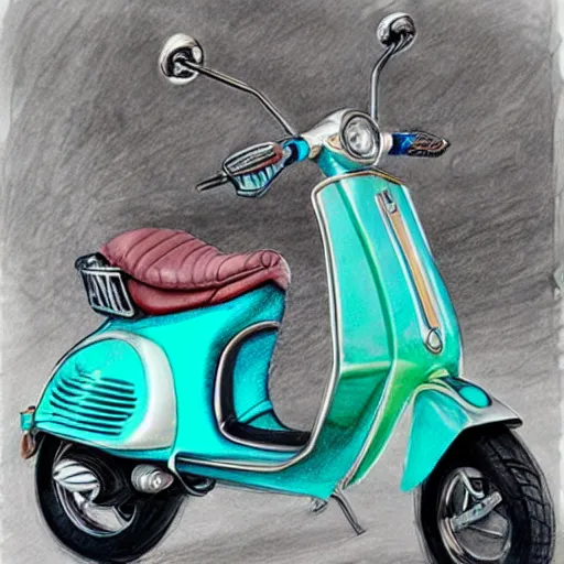 Image similar to hyper realistic pencil drawing of a turquoise vespa moped, water color, detailed, rim light, diffused, intricate, by anna dittmann,