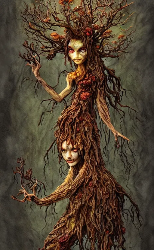 Image similar to rotten tree spirit dryad with a beautiful face and flaming mouth and eyes, mushrooms, fungi, lichen, sketch lines, graphite texture, old parchment, guillermo del toro concept art, justin gerard monsters, intricate ink illustration