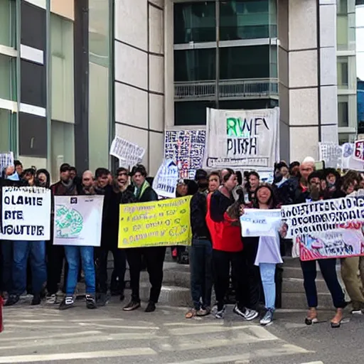 Prompt: a protest in-front of the Openai office, photograph