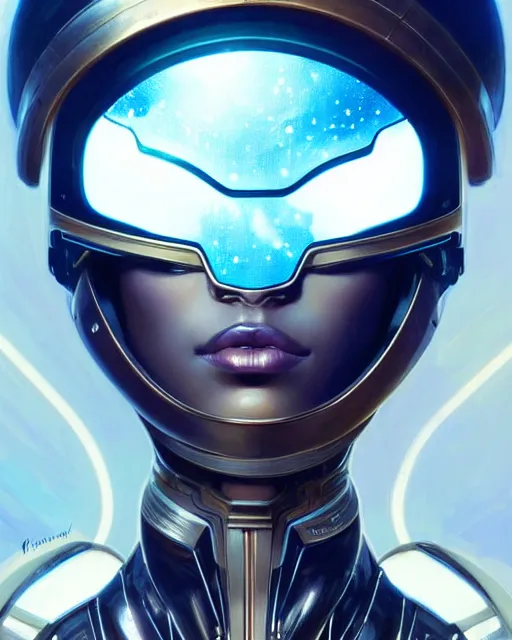 Image similar to Portrait of very very very very very very beautiful black woman, spacesuit, futuristic cybernetic helmet, blue eyes, real life skin, intricate, elegant, highly detailed, artstation, concept art, smooth, sharp focus, art by artgerm and greg rutkowski and alphonse mucha