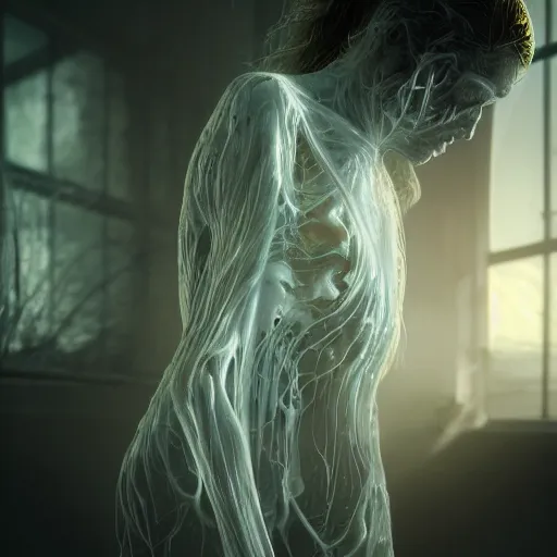 Image similar to a human - shaped anatomical ghost covered in fluid silk, ethereal, veins nerves, tendons wires, machines, highly detailed, backlit, dark atmosphere, octane render, unreal engine, photorealist, procedural light