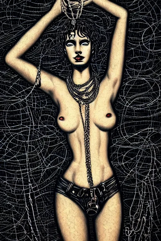 Image similar to dreamy rock girl with beautiful body, black leather and chains, detailed acrylic, heavy metal, intricate complexity, by dan mumford and by alberto giacometti, peter lindbergh, malevich, william stout