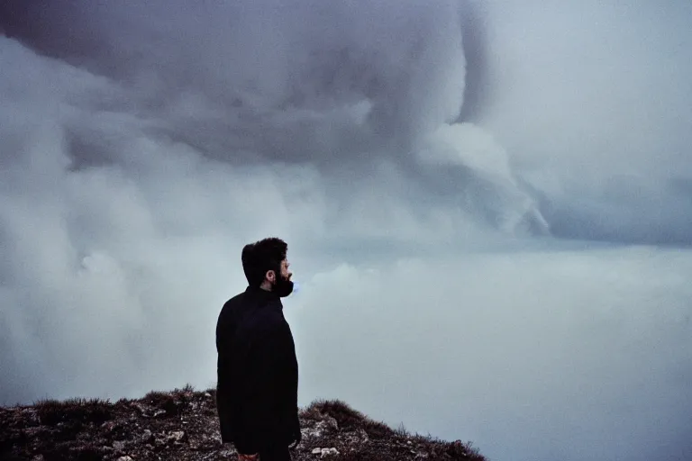 Image similar to gigachad on top of a tall mountain, blue fog, tornadoes surrounding, film photography, soft lighting, vignette