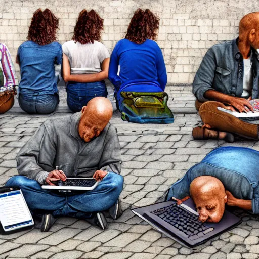 Image similar to a group of realistic bums using laptops near on street, highly detailed, intricate, sharp focus, digital art, 8 k