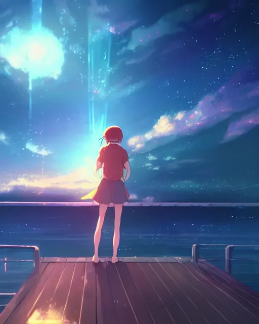 Prompt: a beautiful photo of a girl standing on a pier looming up at a supernova in the sky, beautiful compsition, epic photo, dramtic lighting, dim ， by makoto shinkai an krenz cushart