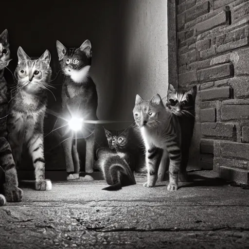 Image similar to photo of a group of stray cats watching tv in a dark alley, studio lighting moonlit