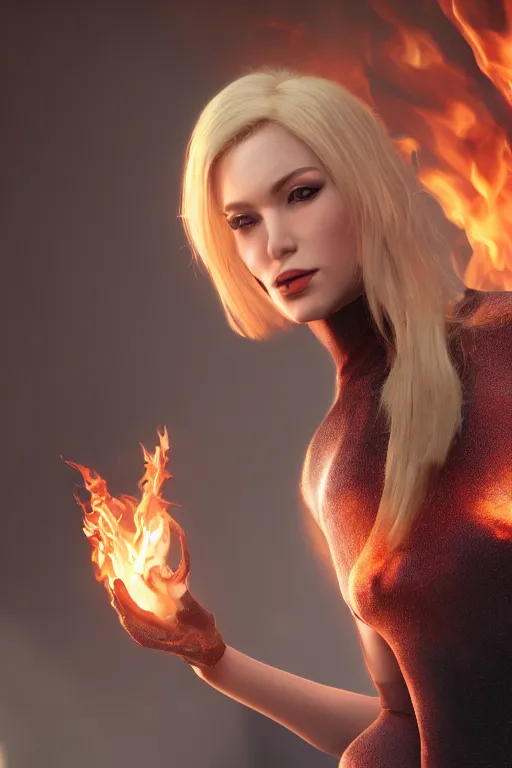 Prompt: gorgeous blonde woman with fire in her hand, futurist city, realistic, high definition, many details, art of unreal engine 5