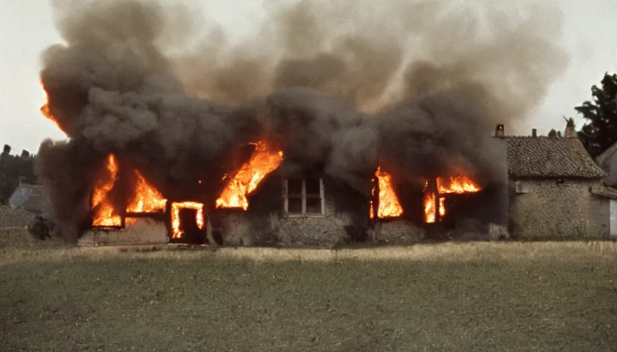 Image similar to 1 9 7 0 s movie still of a heavy burning house in a small french village, cinestill 8 0 0 t 3 5 mm, heavy grain, high quality, high detail, dramatic light, anamorphic, flares