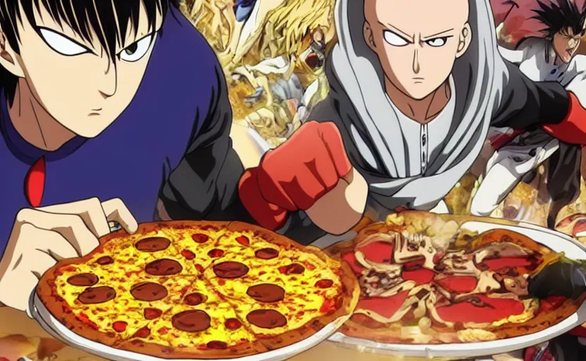 Image similar to Saitama from One Punch Man eating pizza, 8k hdr pixiv dslr photo