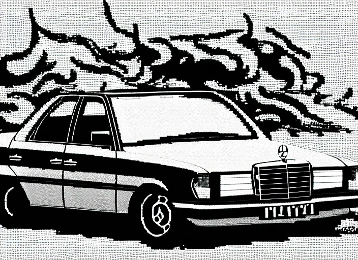 Image similar to burning wrecked mercedes 1 2 4, pixelart, monochrome gameboy, award winning. dramatic. trending on artstation, low resolution sync