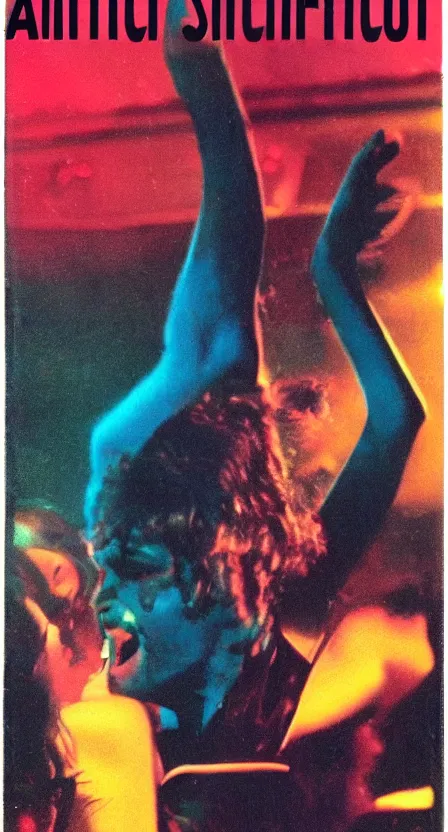 Image similar to antichrist dancing at Studio 54, disco, bright lights, 1976, bad color vhs