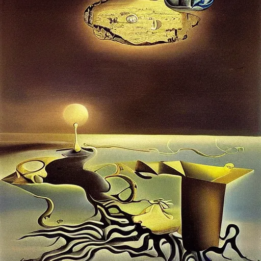 Prompt: a beautiful surrealist painting by salvador dali, I land safely and begin to explore my new surroundings. I have a feeling that this place is somehow significant, but I can't quite remember why.