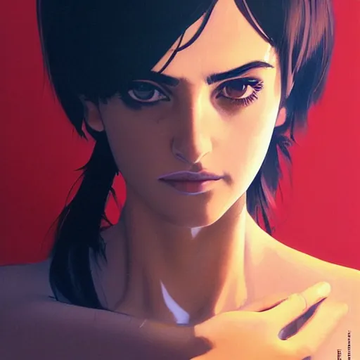 Image similar to penelope cruz portrait as manga girl, realistic shaded perfect face, fine details. anime. realistic shaded lighting poster by ilya kuvshinov katsuhiro otomo ghost - in - the - shell, magali villeneuve, artgerm, jeremy lipkin and michael garmash and rob rey