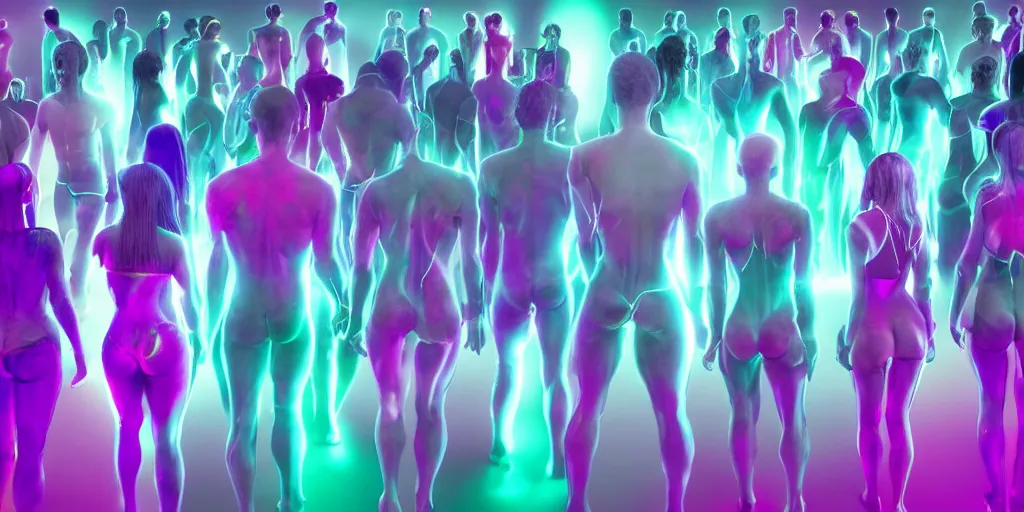 Image similar to diverse groups of humans with glowing electronic body implants projecting amazing 3D graphics, from behind, rebirth, beauty, wide angle, elaborate, wet, highly detailed, colors, beautiful lighting